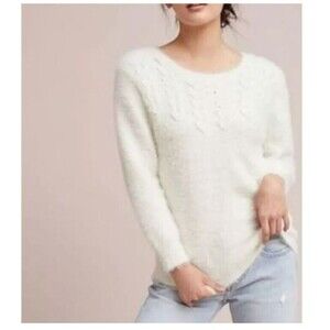 Rosie Neira Sweater Anthropologie Winter White Fuzzy Pullover Womens Size XL